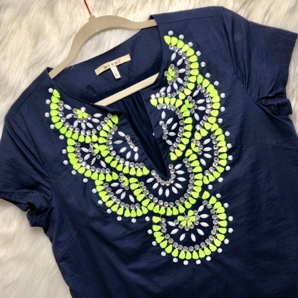 Navy Neon Shift Beaded Embellished Dress